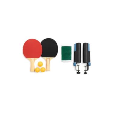 Imagem de Kit Ping Pong Completo com 2 Raquetes de Madeira, 3 Bolinhas, Rede 100cm, Suportes, Preto e Vermelho, para Adulto e Infantil