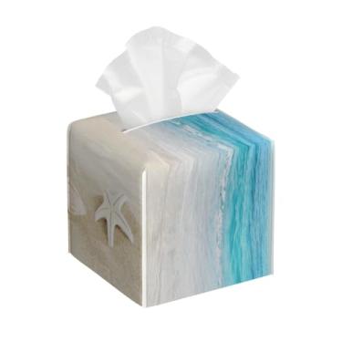 Imagem de Porta-lenços de papel quadrado de couro à prova d'água azul praia mar facial organizador de papel com cinto inferior cubo estojo de lenços para mesa, banheiro, escritório, mesa, carro, decorativo