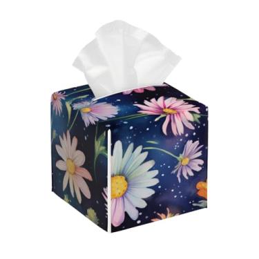 Imagem de Porta-lenços de couro quadrado à prova d'água flor margarida nebulosa colorido organizador de papel facial com cinto inferior cubo estojo de lenços para mesa, banheiro, escritório, mesa, carro