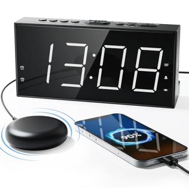 Imagem de Despertador super alto com agitador de cama para dormir pesado, despertador com vibração dupla com carregador USB para surdos com deficiência auditiva, tela grande de 19 cm com regulador, soneca,
