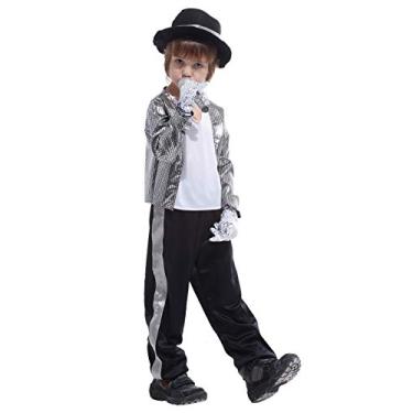 Imagem de lontakids Kids Boys 80s Costume Michael Cosplay Hip Hop Stage Outfits with Matched Hat Gloves (Medium, Sliver)