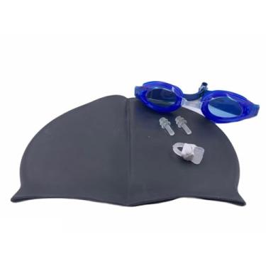 Imagem de Touca de Natação Impermeável，Toca de Natação Adulto，Kit De Natacao com Touca Silicone E Oculos Para jovens E Adultos(Preto(touca)+Azul escuro(óculo)