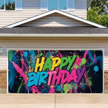 Imagem de Capa de porta de garagem de aniversário, cenário fotográfico de faixa de feliz aniversário, fundo de festa para decoração de parede interna e externa (neon feliz aniversário, 2,1 x 4,9 m)