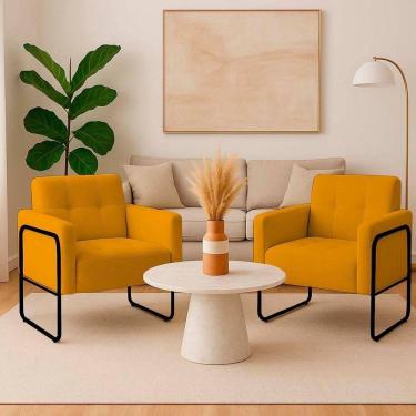 Imagem de Poltrona Sala Industrial Alta Tubo Preto Kit 2 Elisa Bouclê D03 - D`rossi Cor Mostarda