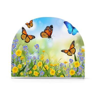 Imagem de Qilmy Lindo porta-guardanapos de borboleta de flores silvestres, porta-guardanapos de acrílico transparente para mesa, suporte de guardanapo de coquetel de papel de seda para cozinha, dispensador de