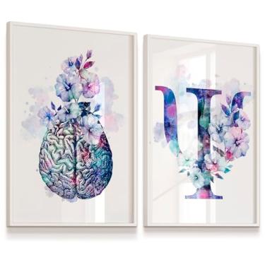 Imagem de Kit 2 Quadros Decorativos Cérebro Coração Flores Psicologia 33x43cm Laminado Moldura Branca