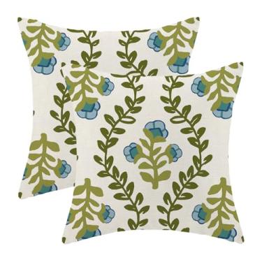 Imagem de Capas de almofada floral verde sálvia 45,7 x 45,7 cm ao ar livre boho azul floral folhas verdes conjunto de 2 fronhas primavera verão fazenda decoração de casa para quarto sofá almofada de linho
