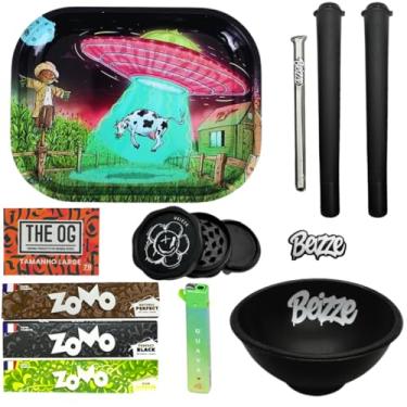 Imagem de Kit Tabacaria 11 itens Bandeja de metal, Dichavador, Sedas, Piteira de vidro, Piteira de papel, mocó, (Vaca)