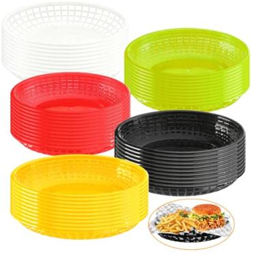 Imagem de LOSYHU Pacote com 50 cestas de pão de plástico de 23 x 14,5 cm, cestas ovais de fast food para fritar, cestas de plástico multicoloridas, para servir em restaurantes, petiscos, frango, hambúrgueres