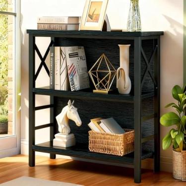 Imagem de MNEETRUNG Prateleira de livros, pequena estante industrial de 3 camadas com moldura e quadro de metal forte, suporte de prateleira resistente para pequenos espaços, sala de estar, quarto e escritório