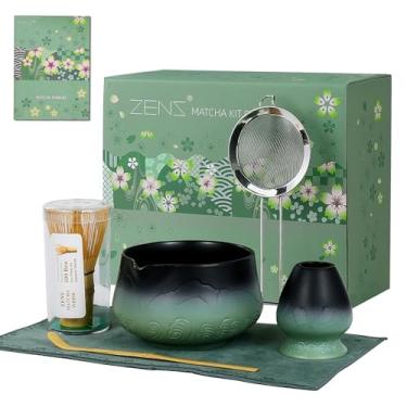 Imagem de ZENS Conjunto de batedor Matcha, kit matcha com tigela e batedor de bambu, peneira 304, colher (suporte de chasen) - tapete de chá, conjunto de 6 peças Matcha para fazer latte, verde sálvia