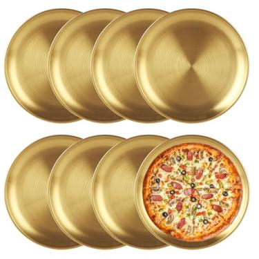 Imagem de AKOLAFE Conjunto de 8 formas de pizza pessoais de aço inoxidável para forno, pequenas formas de pizza, redondas, bandeja de pizza de metal, bandeja de pizza, pratos de pizza para servir, assar e