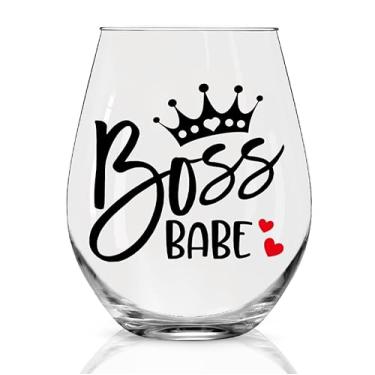 Imagem de DYJYBMY Copo de vinho sem haste engraçado Boss Babe, tema de coroa, copo de vinho sem haste com caixa, aniversário, Natal, presentes de agradecimento para mulheres, líder, chefe, diretora, amigas