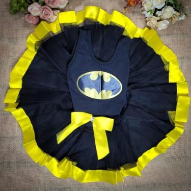 Imagem de Fantasia morcego para criança, collant e saia de tule Preto com Amarelo, Roupa Infantil Temática de Super-Herói - tam 10 anos