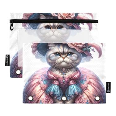Imagem de GAIGEO Linda bolsa de lápis de gatinho vestido de gato para fichário de 3 anéis, bolsa de lápis com zíper, fichário transparente, estojo para canetas, estudantes escolares, 25 x 18 cm, 2 pacotes