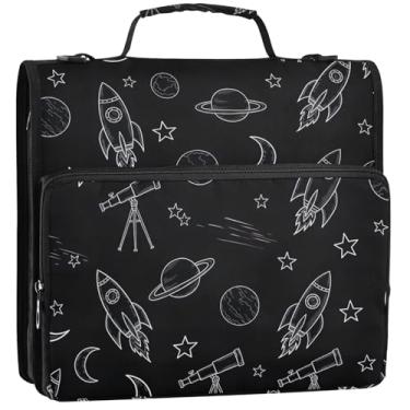 Imagem de Organizador de fichário de negócios com zíper de 3,8 cm, 3 anéis, foguetes, preto, portfólio e estojo para pasta de anel, bolsa escolar com alça de ombro, 34,5 x 31,5 x 9 cm