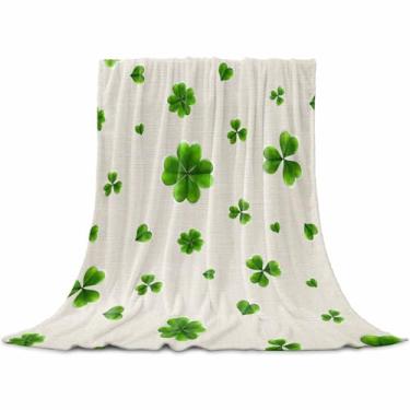 Imagem de Cobertor de flanela Dia de São Patrício, grama trifolha, leve, macio, quente, cobertor de lã para sofá, quarto, trevo verde em linho retrô, aconchegante, felpudo, microfibra para todas as estações