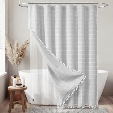 Imagem de BTTN Cortina de chuveiro 3 em 1 com forro PEVA, conjunto de cortina de chuveiro de tecido de linho boêmio cinza com gancho de plástico, cortina de chuveiro de pano impermeável para banheiro, cinza