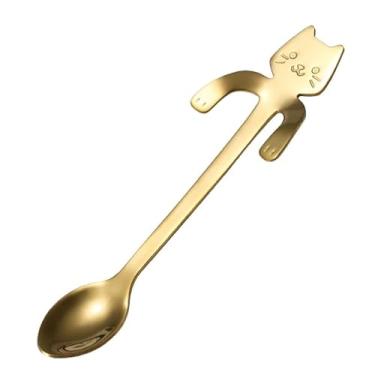 Imagem de 1 colher de café em forma de gato de aço inoxidável, mini colher de sorvete, utensílios de cozinha encantadores, presente perfeito de aniversário, festa, feriado para amantes de gatos, ouro