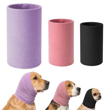 Imagem de 3 peças de 3 tamanhos com capuz para cães pequenos, médios e grandes, protetores de orelha de cachorro de veludo coral elástico e capuz calmante para proteção de ruído, banho, cuidados e ansiedade
