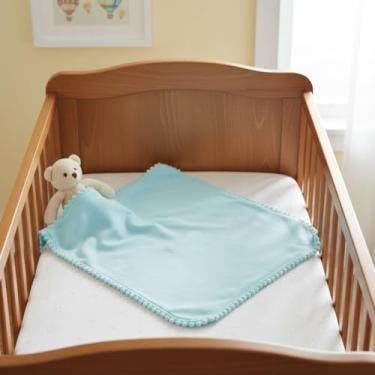 Imagem de Manta Cueiro Bebê Malha Dupla 100% Algodão com Pompom 70x80cm Hipoalergênica Macia e Confortável Azul