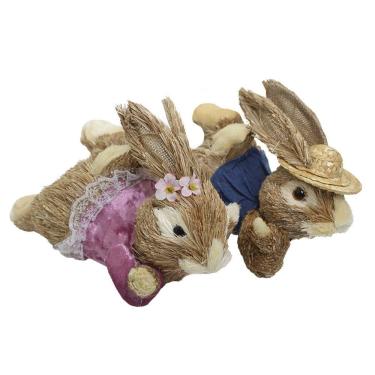 Imagem de Casal De Coelhos De Páscoa Deitados Decoração Enfeite Coelhinhos 24cm
