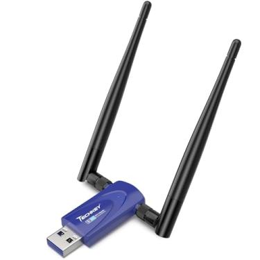 Imagem de Adaptador WiFi USB sem fio para desktop, Techkey AC1300Mbps Dongle de rede com banda dupla 2,4 GHz/400Mbps 5GHz/867Mbps 5dBi antena de alto ganho para laptop compatível com Windows 11/10-azul