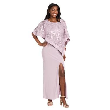 Imagem de R&M Richards Vestido maxi feminino elegante com sobreposição de poncho de lantejoulas e bainha alta | Vestido de festa para coquetel à noite, Poeira/Orquídea, 52