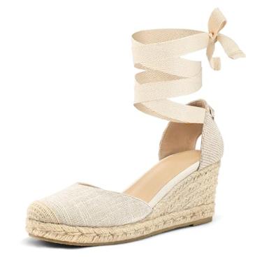 Imagem de mysoft Sandálias femininas de salto plataforma plataforma fechada com tira no tornozelo com cadarço sapatos de verão, Ilhós florais bege, 7.5