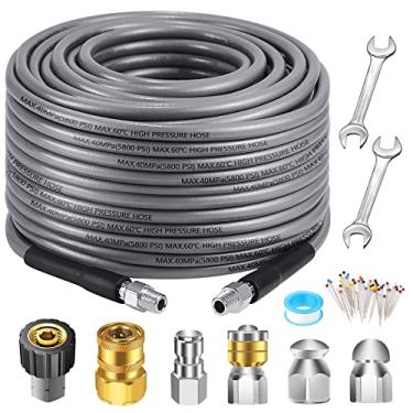 Imagem de Kit de esgoto Jetter 3,5 m para lavadora de pressão, mangueira de limpeza de dreno 5800PSI 1/4 polegada NPT, canto, giratório e botão bocal de esgoto com chave inglesa fita impermeável pino de corpete pérola (mangueira cinza)