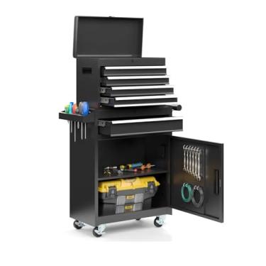 Imagem de Caixa de ferramentas de armazenamento, armários de ferramentas rolantes de 5 gavetas, caixas de ferramentas superiores destacáveis e carrinho de ferramentas com rodas bloqueáveis, caixa de ferramentas