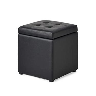 Imagem de Cubo de armazenamento de banco de pés otomano preto multiuso de couro sintético – Organizador ideal para apoio de pés para quarto, sala de estar, dormitório ou trailer – Design compacto e elegante
