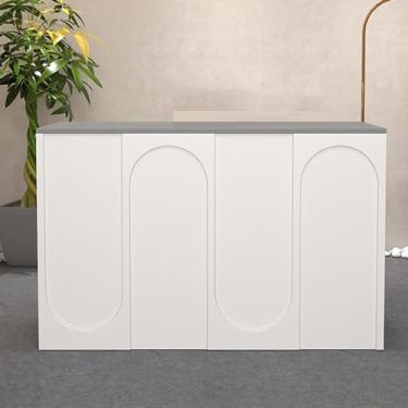 Imagem de Mesa de recepção moderna, balcão de caixa de varejo, balcão de recepção, balcão de recepção com gavetas com trava para saguão, salão de beleza, mesa de escritório doméstico (cor: cinza, tamanho: 80 cm