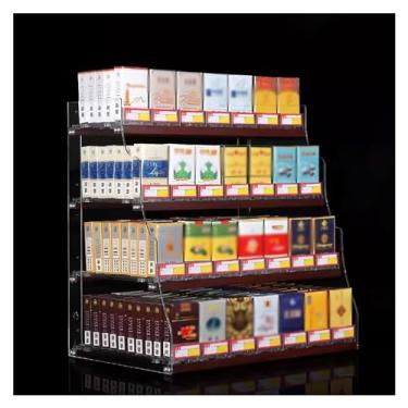 Imagem de Rack de exibição de cigarro de acrílico de 4 camadas com empurrador automático | Organizador de varejo para montagem na parede e mesa para lojas, mercados, lojas de conveniência - Maximize a