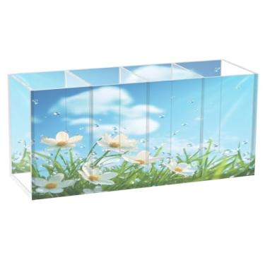 Imagem de Burbuja Porta-canetas de acrílico com flores brancas, 4 compartimentos, suporte de lápis transparente para pincéis de maquiagem, acessórios de mesa de escritório em casa