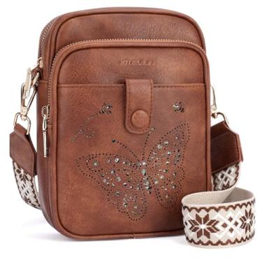 Imagem de Bolsa transversal feminina de couro, bolsa tiracolo pequena, carteira para celular com alça ajustável e compartimentos para cartão, 02 - Marrom, 5" L x 1.2" W x 7.8" H, Borboleta