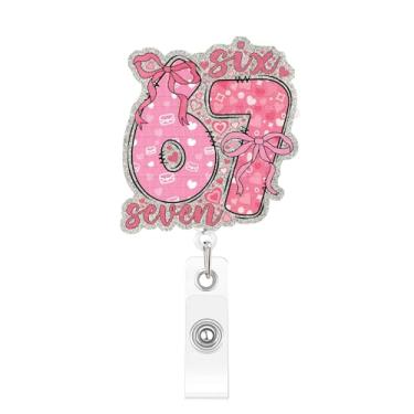 Imagem de Carretel de crachá de Dia dos Namorados fofo design de seis sete corações rosa e laço porta-cartão de identificação retrátil porta-crachá de feriado com clipe jacaré, dia dos namorados, crachá de