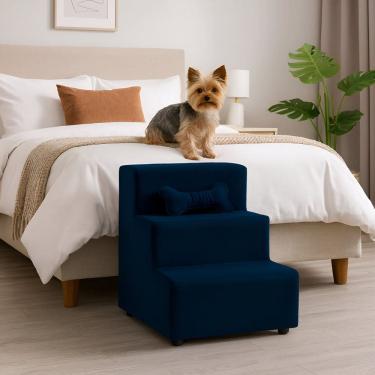 Imagem de Escada Escadinha Para Pet 3 Degraus Osso Cor Azul Marinho Veludo Liberty Móveis