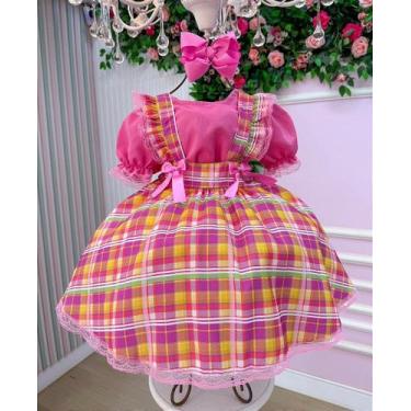 Imagem de Vestido Junino Infantil Salopete Rosa Quadrilha Luxo Arráia - Tecido T