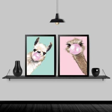 Imagem de Kit 2 Quadros Lhama E Avestruz Chiclete 24X18 Moldura Preta