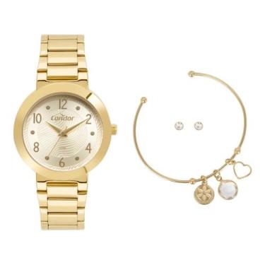 Imagem de Relógio Condor Feminino Dourado Original Com Colar E Brincos