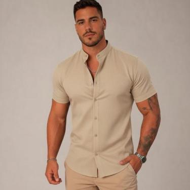 Imagem de Camisa Social Masculina Gola Padre Manga Curta Aspecto Linho - Volgue,