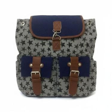 Imagem de Mochila Feminina Lona Estrelas Escolar Viagem Azul