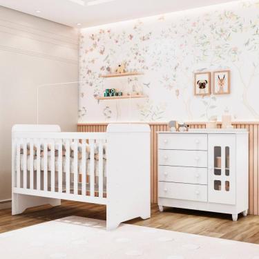 Imagem de Quarto Bebê Berço Americano 3 em 1 Gabrielle Cômoda Infantil Fraldário Ariel 100% MDF Branco Carolina Baby