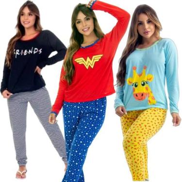 Imagem de Kit 3 Pijamas De Frio Feminino Longo Inverno Manga e Calça - PIJAMAS V