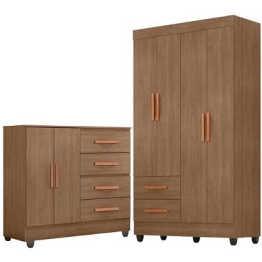 Imagem de Kit Guarda-Roupa Solteiro 4 Portas e Cômoda Sapateira 2 Portas Lisa Ca