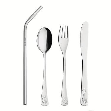 Imagem de Conjunto Tramontina Talheres Aço Inox Jogo Com Estojo Para Criança Com Canudo 5 Peças 66970040