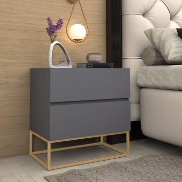 Imagem de Mesa Cabeceira 2 Gavetas Cinza para Cama Casal com Pés de Ferro Estilo Industrial Dourado