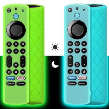 Imagem de Pinowu Capa de silicone para controle remoto (2 peças, brilha no escuro) para Firestick 4K Max/Toshiba/Insignia/Pioneer/Omni (QLED) série Alexa Voice Remote Enhanced com cordão (verde + turquesa)