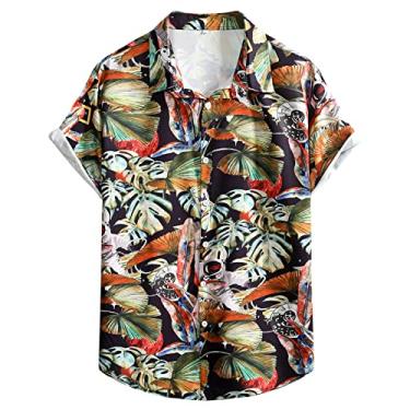 Imagem de Camiseta masculina de verão fashion casual estampada à beira-mar botão lapela manga curta atlética masculina longa, Caqui, M